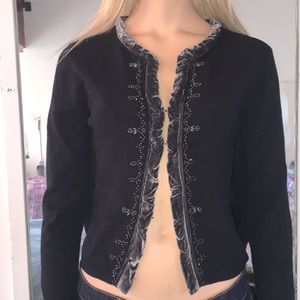 Stunning Blk Cardigan Sweater W/GrayVelvet/Beading